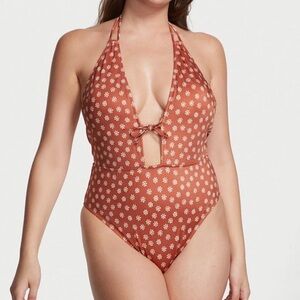 Victoria’s Secret Womens orange rusty Daisy print plunge tie neck one piece swim